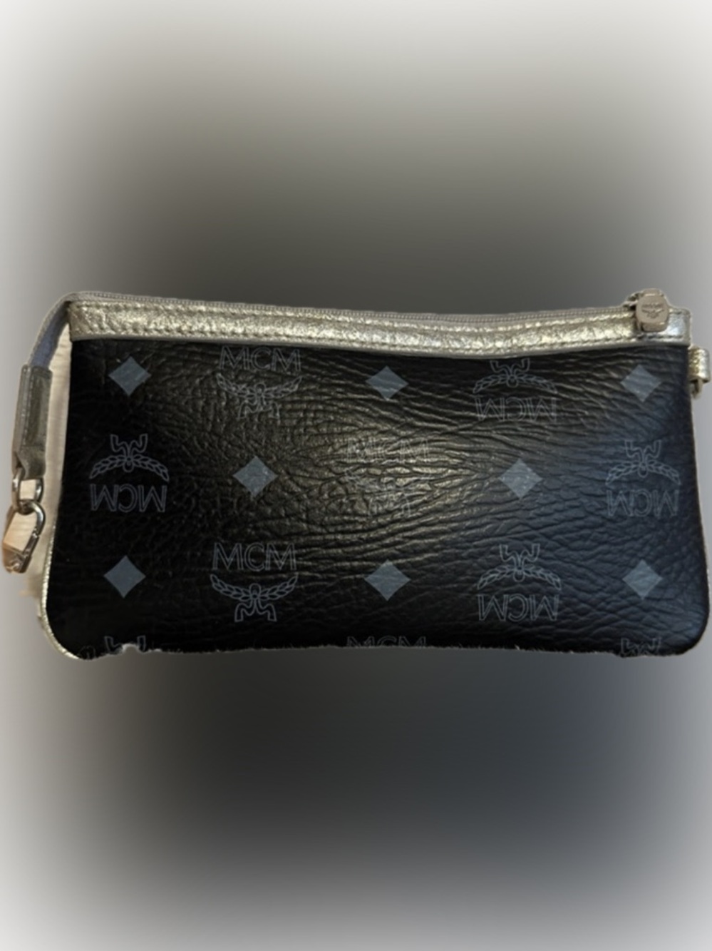 💙MCM Blue Visetos Monogram Wristlet Zip Pouch Silver Metallic Leather Trim Bag🩶